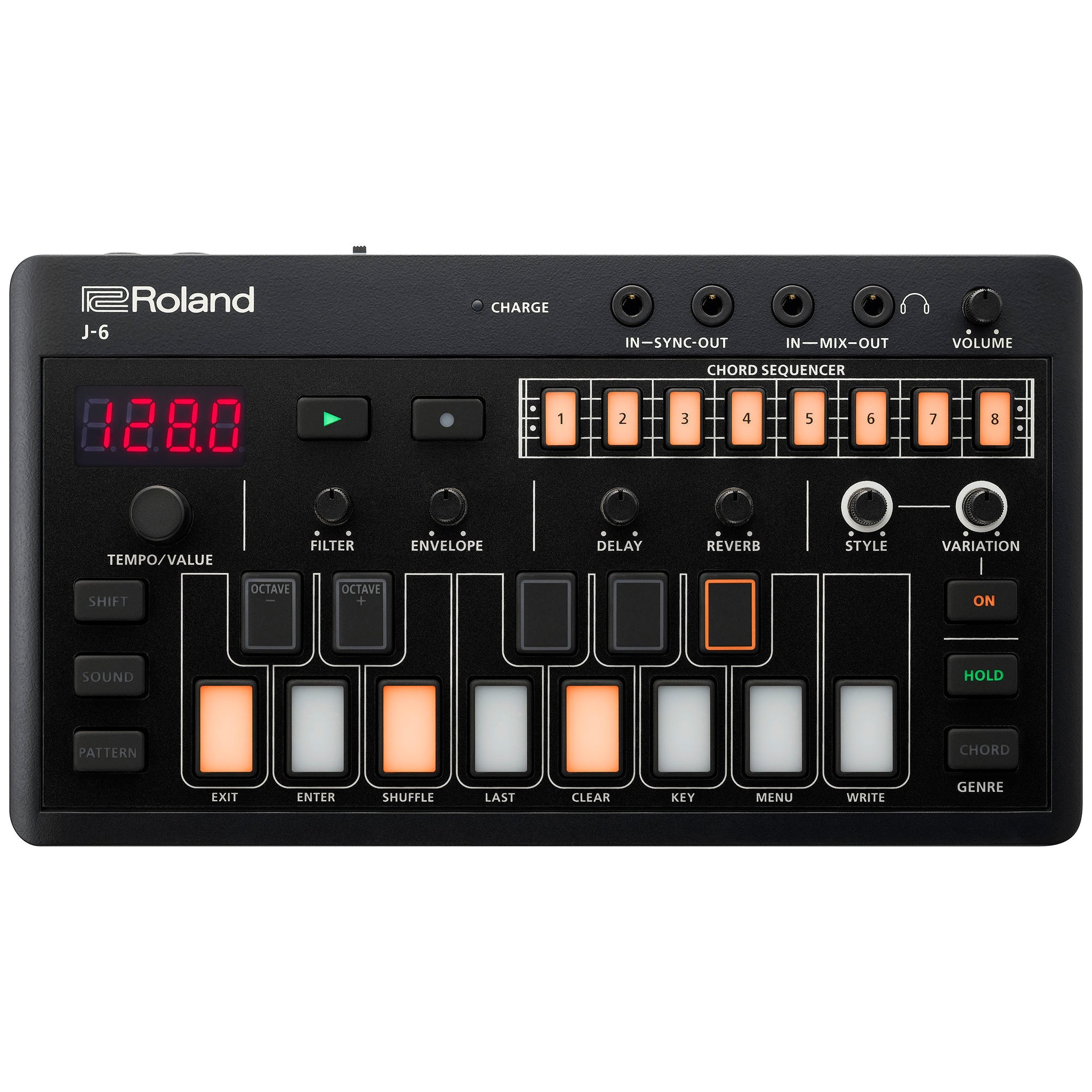 Top view of a black Roland J-6 synthesizer with buttons, knobs, digital display, and audio jacks.