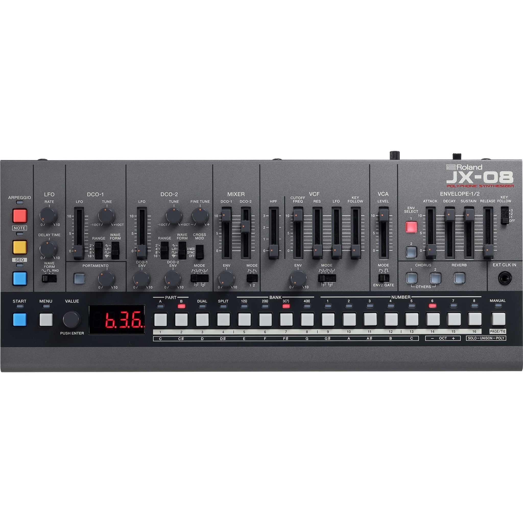 Front view of a Roland JX-08 synthesizer module with numerous knobs, sliders, buttons, and a digital display.
