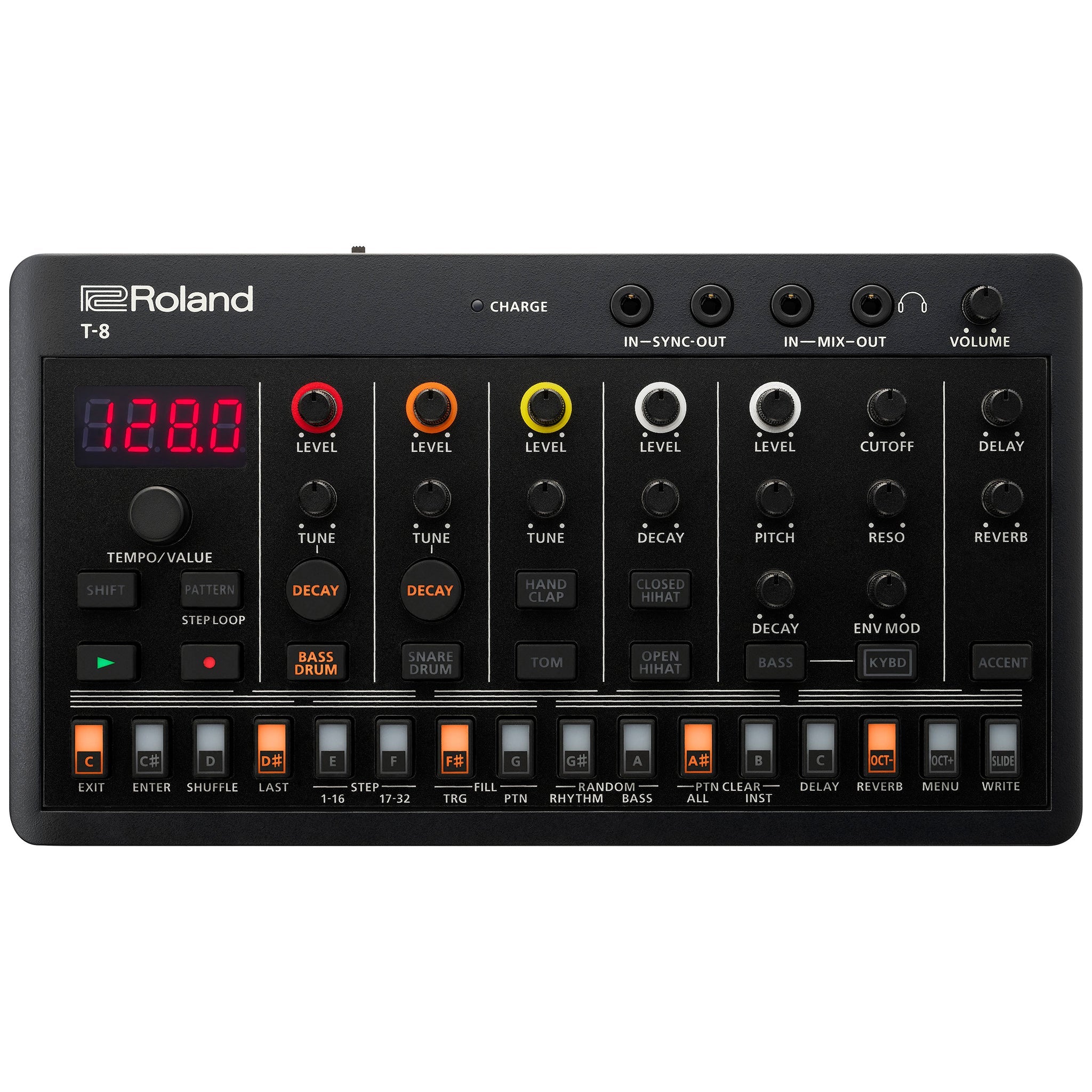 Top view of a black Roland T-8 beat machine with knobs, buttons, and a red digital tempo display.