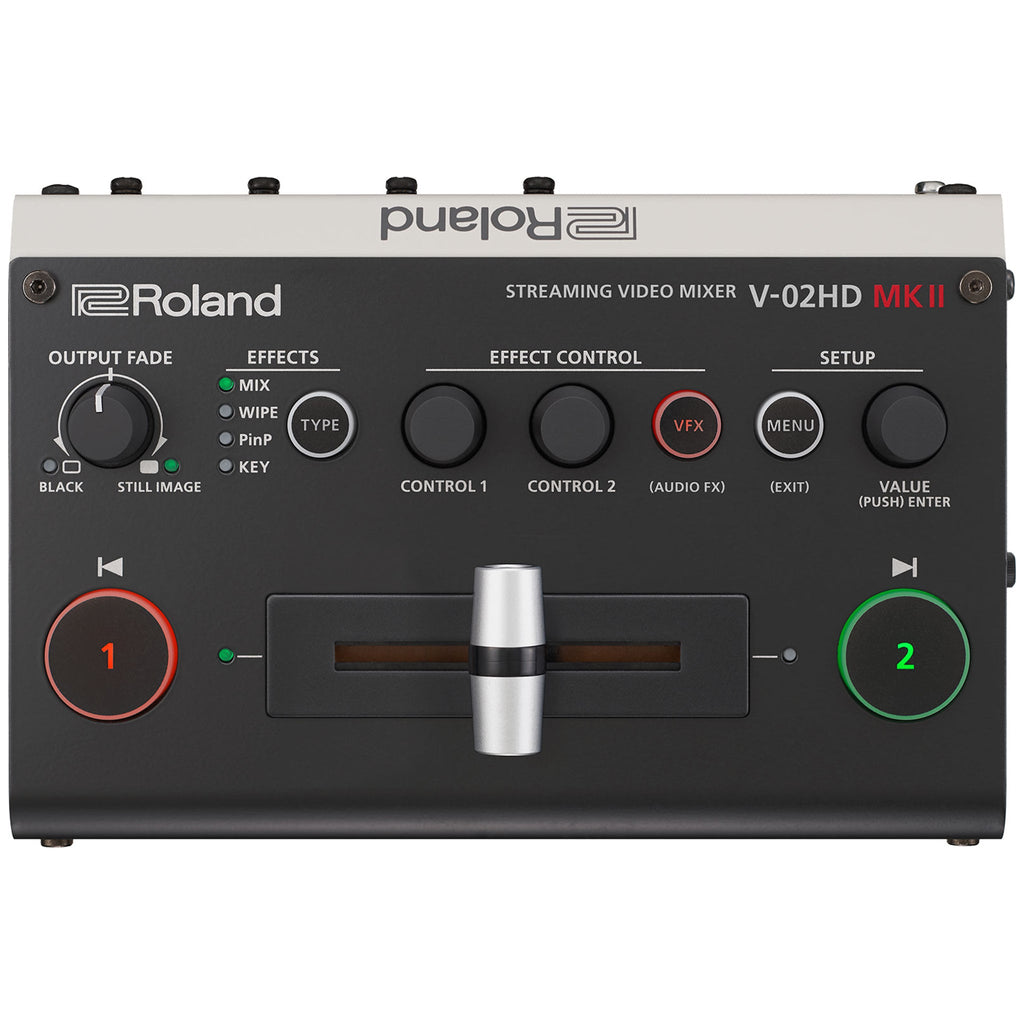 Top view of a Roland V-02HD MK II streaming video mixer showing controls and labeled buttons.