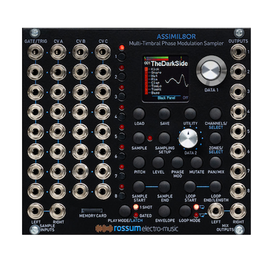 Black audio module with multiple jacks, buttons, knobs, small color display, and memory card slot.