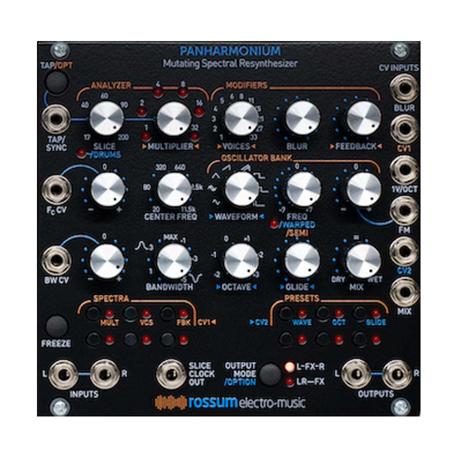 Black Rossum Panharmonium eurorack module with knobs, jacks, and button controls.