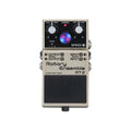 Silver guitar effects pedal with two knobs, a toggle switch, LED indicator, and four 1/4 inch input/output jacks.