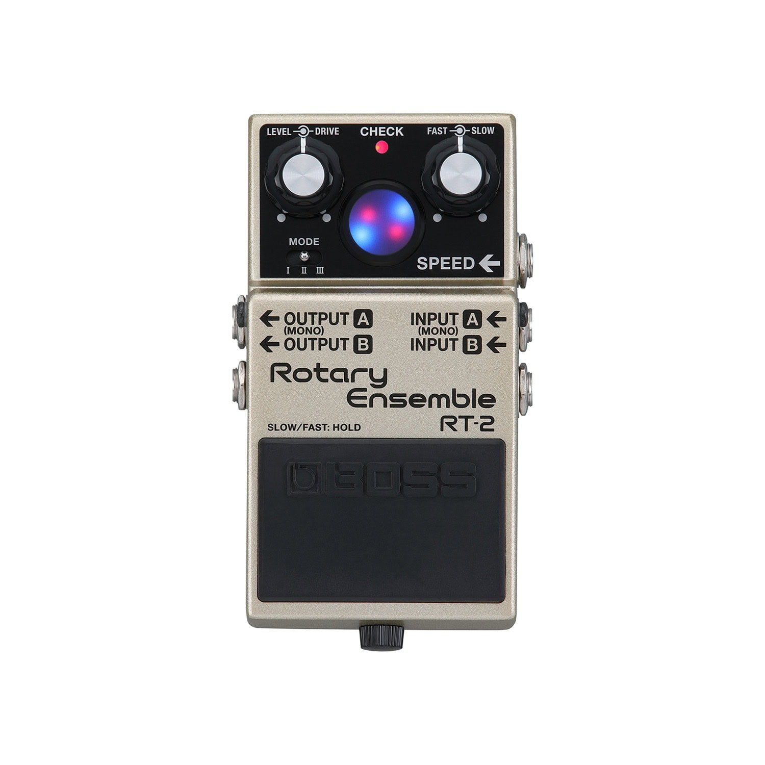 Silver guitar effects pedal with two knobs, a toggle switch, LED indicator, and four 1/4 inch input/output jacks.