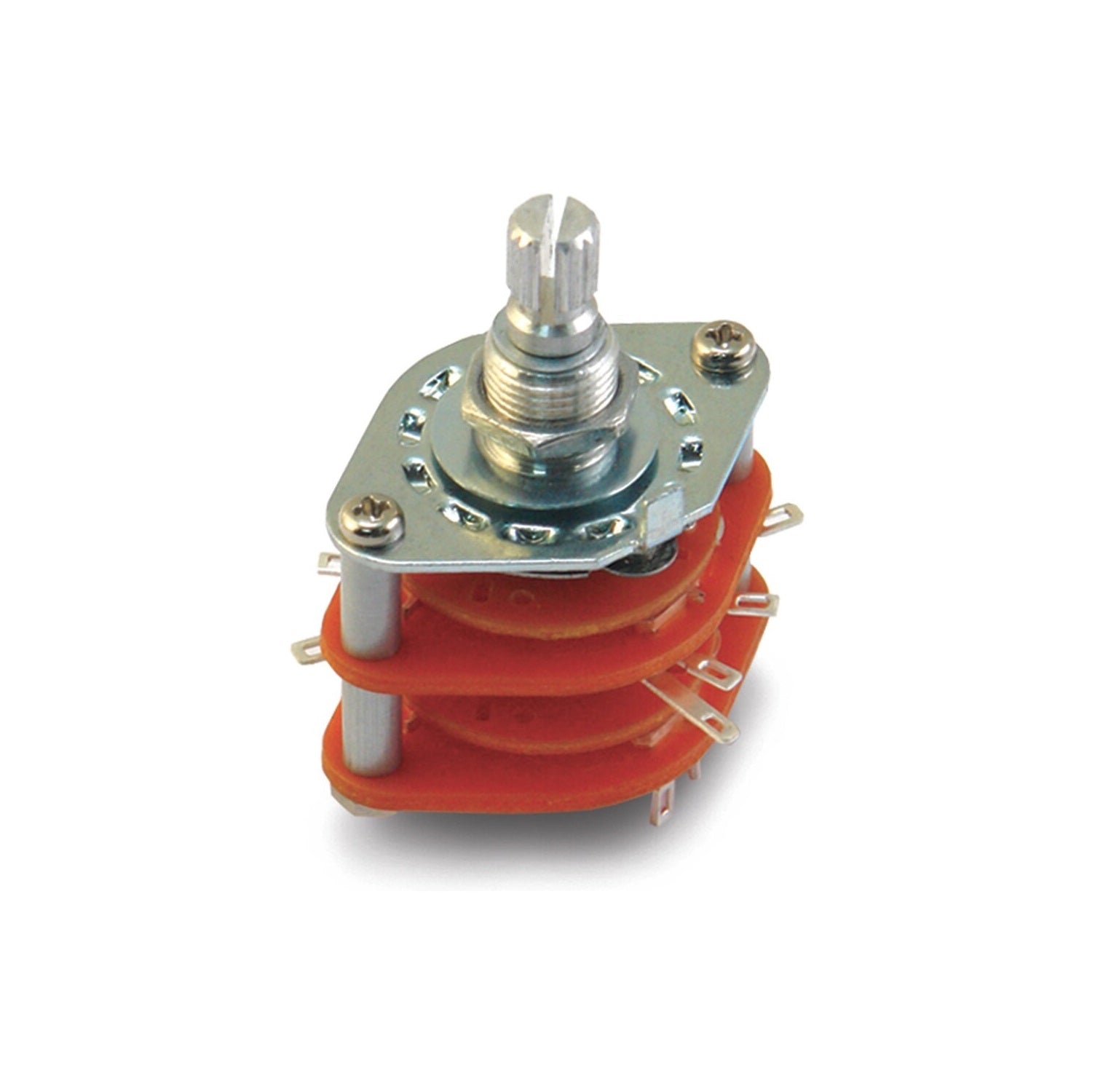 Three-layer rotary switch with orange plastic separators and silver metal shaft and terminals.