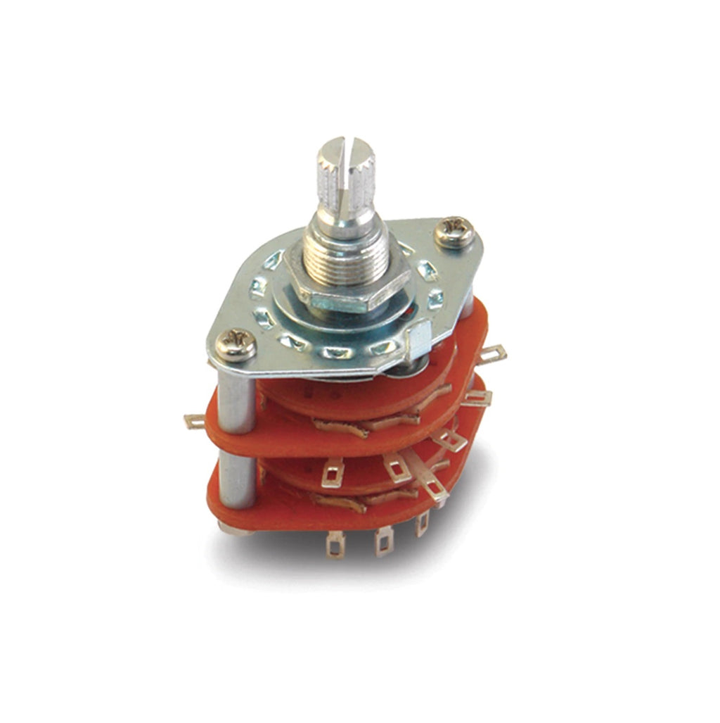 Multi-layer rotary switch with metal shaft and orange insulating layers shown isolated on white background.