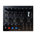 Black modular synthesizer sequencer panel with knobs, sliders, buttons, switches, and audio jacks.