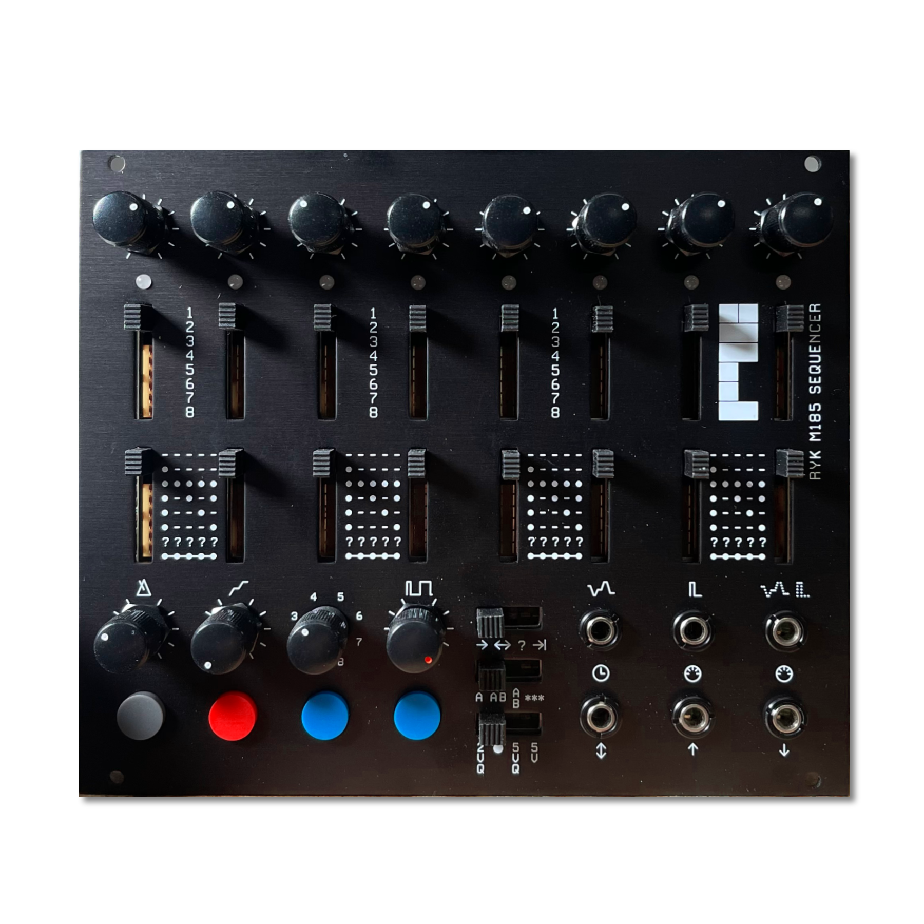 Black modular synthesizer sequencer panel with knobs, sliders, buttons, switches, and audio jacks.