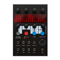 Black modular synthesizer panel with knobs, push button, rotary switch, red LED grid display, and multiple 3.5mm jacks.
