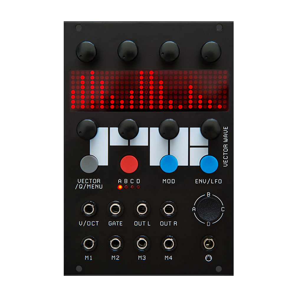 Black modular synthesizer panel with knobs, push button, rotary switch, red LED grid display, and multiple 3.5mm jacks.