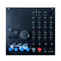 Black eurorack module with multiple jack inputs and outputs, knobs, blue and gray buttons, and a speaker grill.