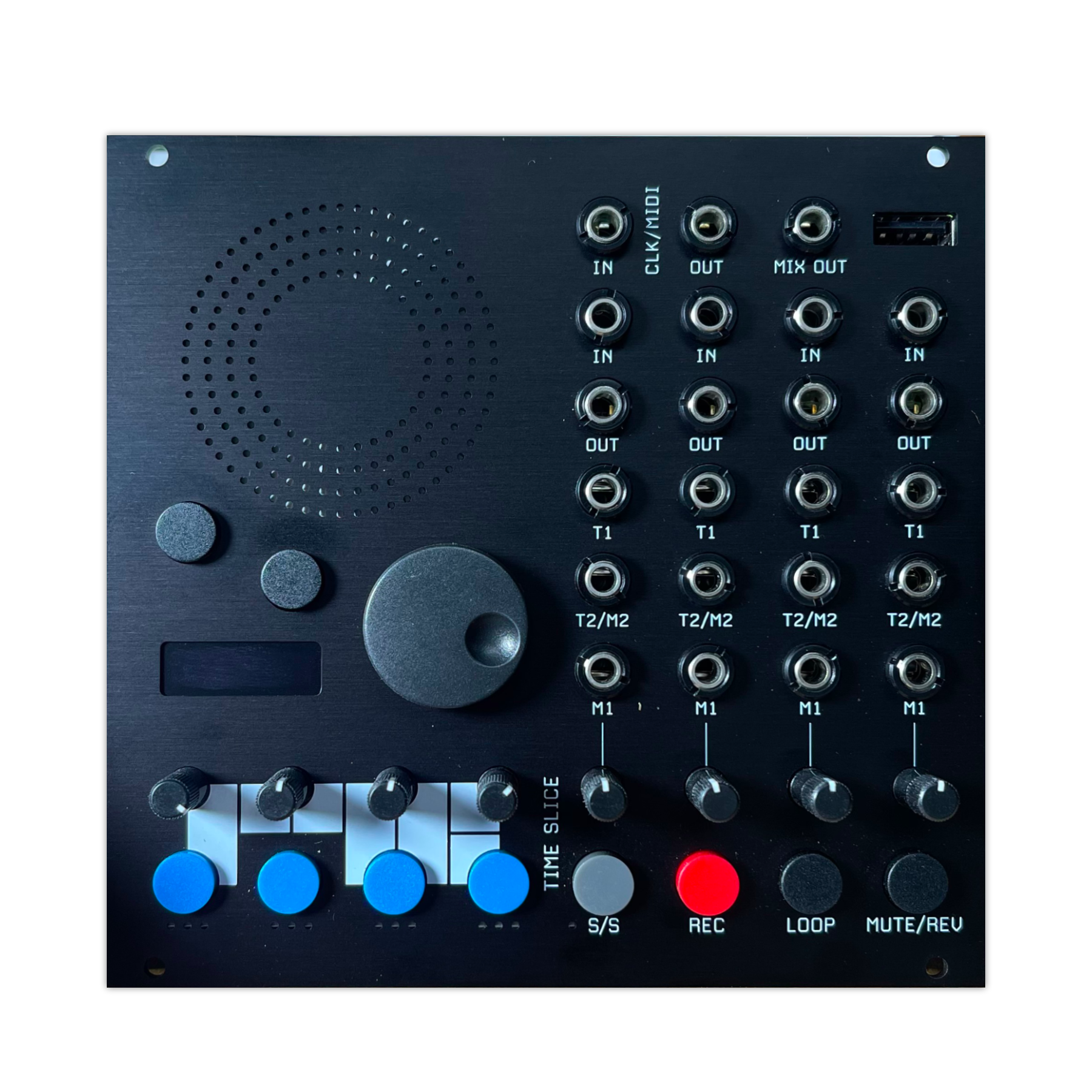 Black eurorack module with multiple jack inputs and outputs, knobs, blue and gray buttons, and a speaker grill.