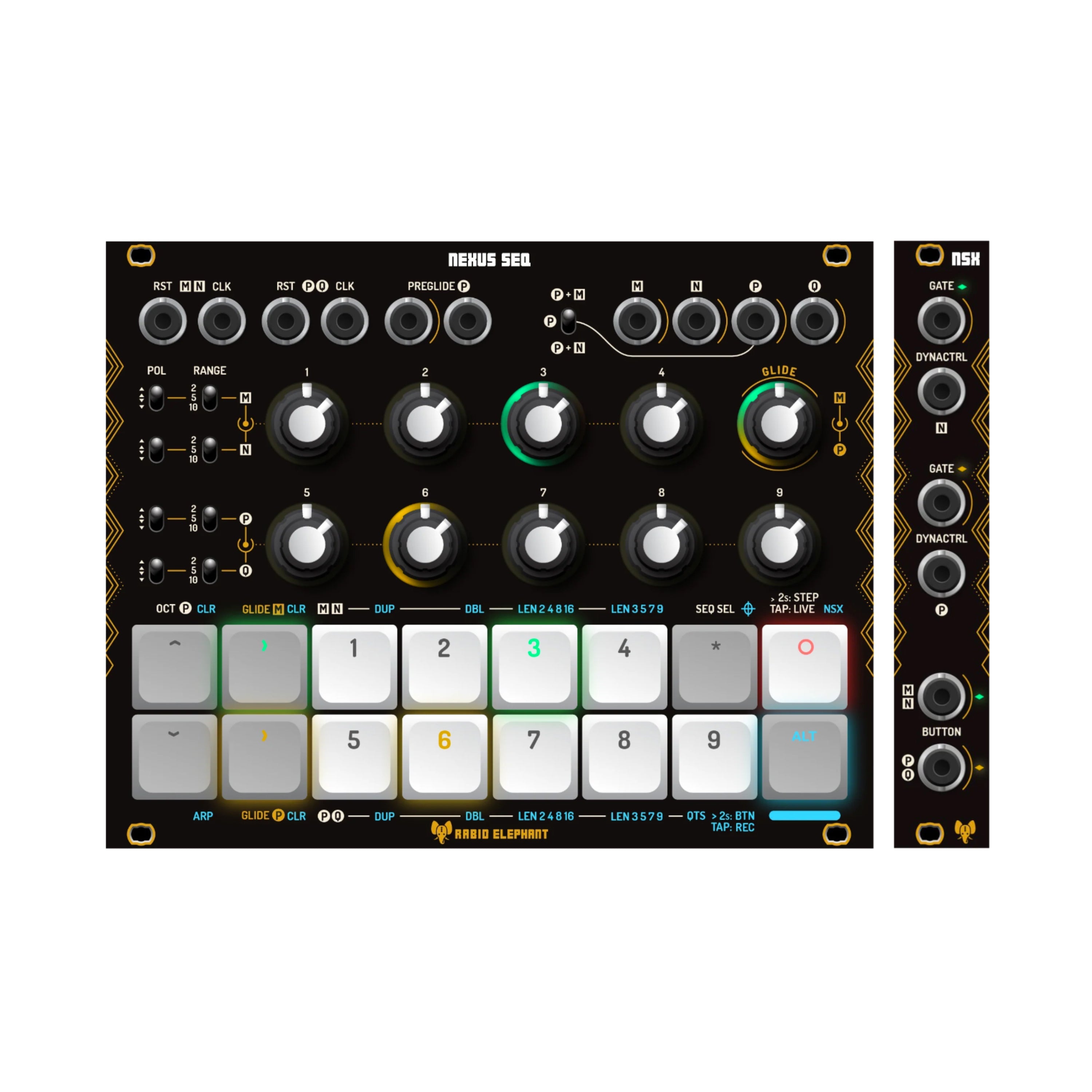 Two black modular synth modules with knobs, buttons, and multiple 3.5mm jacks labeled Nexus Seq and NSX.