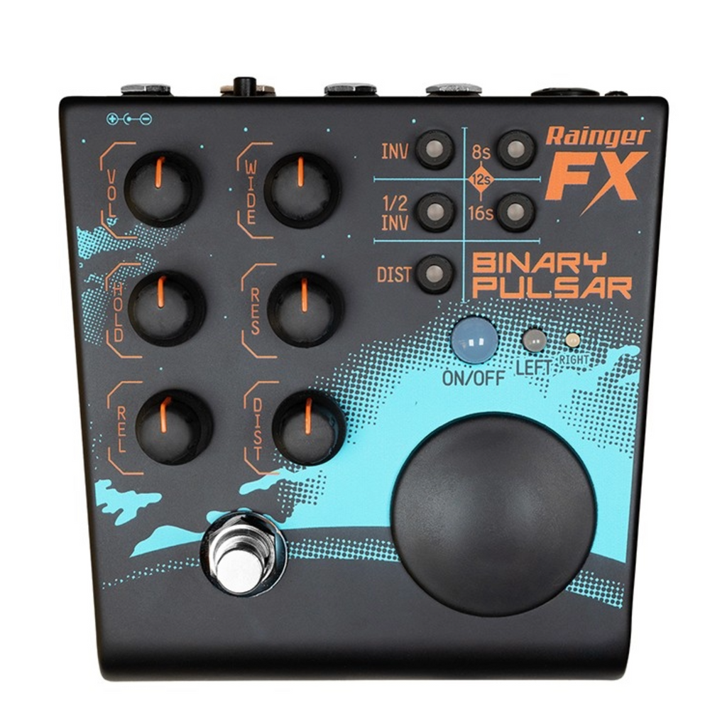Black Rainger FX Binary Pulsar pedal with knobs, toggle switches, footswitch, and large round control.