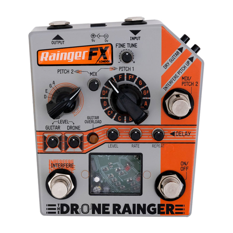 Rainger FX guitar effects pedal with multiple knobs, switches, and footswitches on a gray and orange panel.