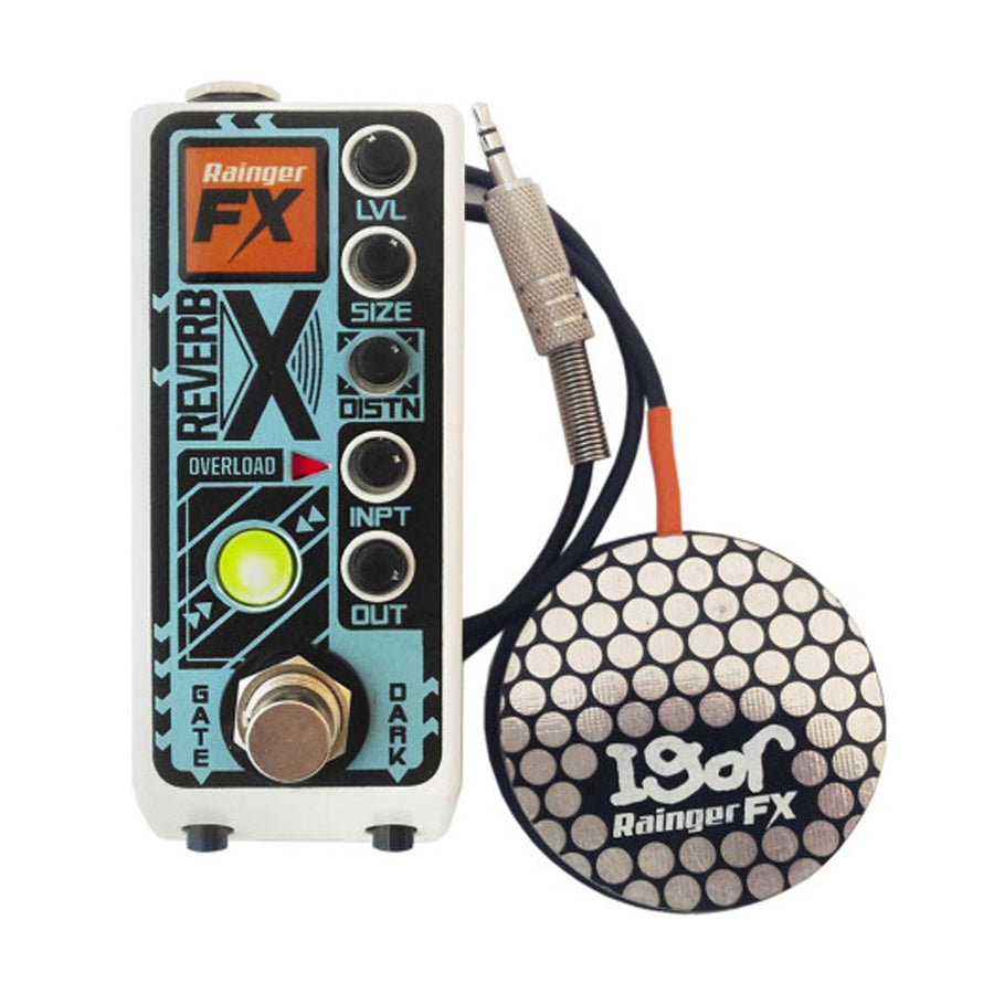 Rainger FX Reverb X pedal with four control knobs, footswitch, and attached round sensor pad with 3.5mm cable.