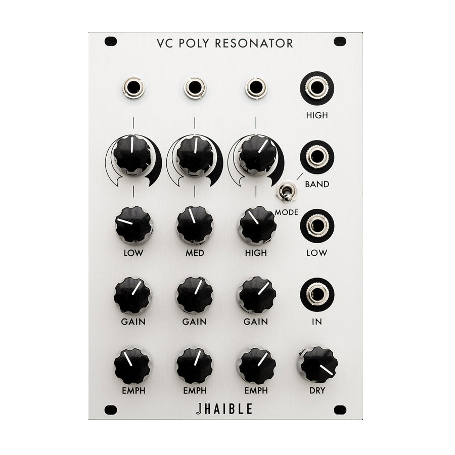 Front view of the Haible VC Poly Resonator eurorack module with knobs, jacks, and a toggle switch on a silver panel.