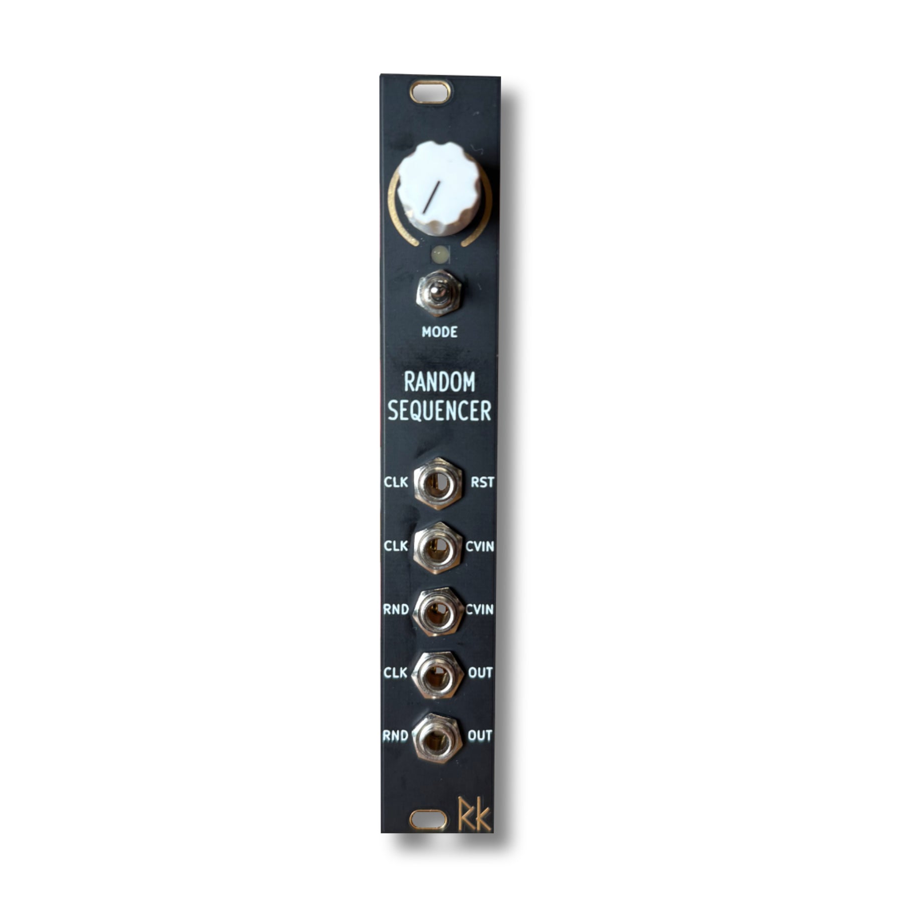 A narrow black modular synthesizer panel with one white knob, one toggle switch, and five labeled jack sockets.