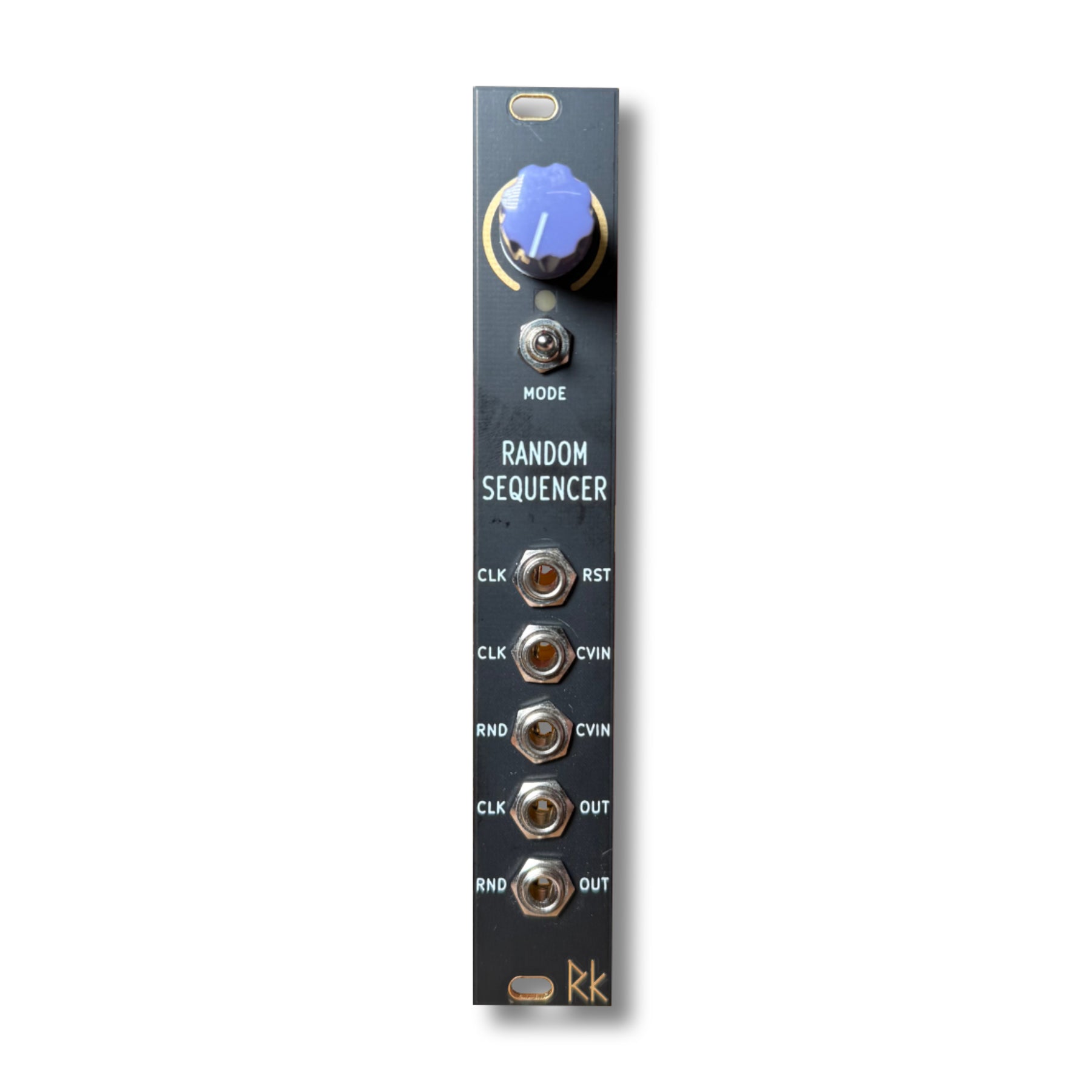 Black modular synthesizer panel with one blue knob, one toggle switch, and six 3.5mm jacks labeled for clock, reset, control voltage in, random, and output.
