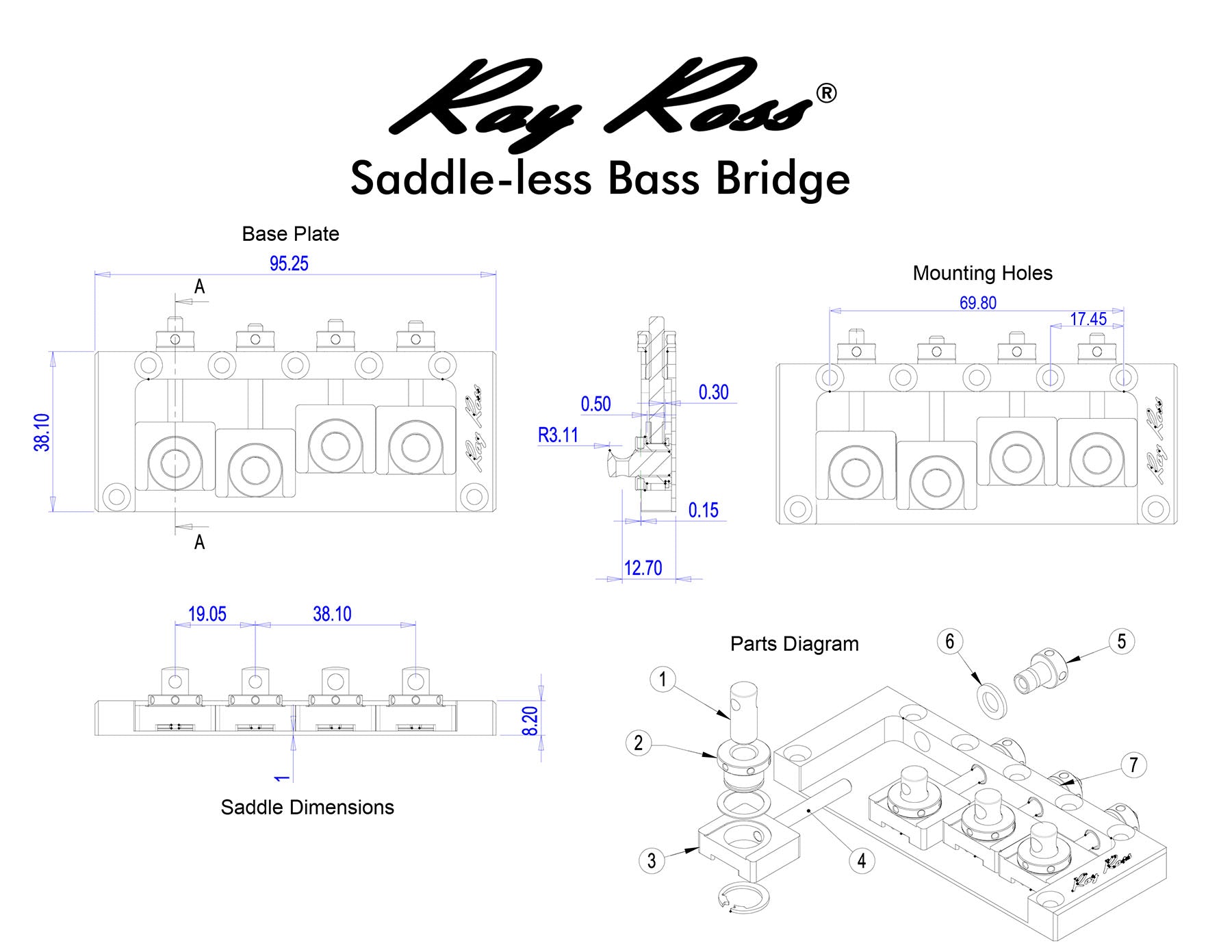 Ray Ross Saddle-Less 4-String Bass Bridge