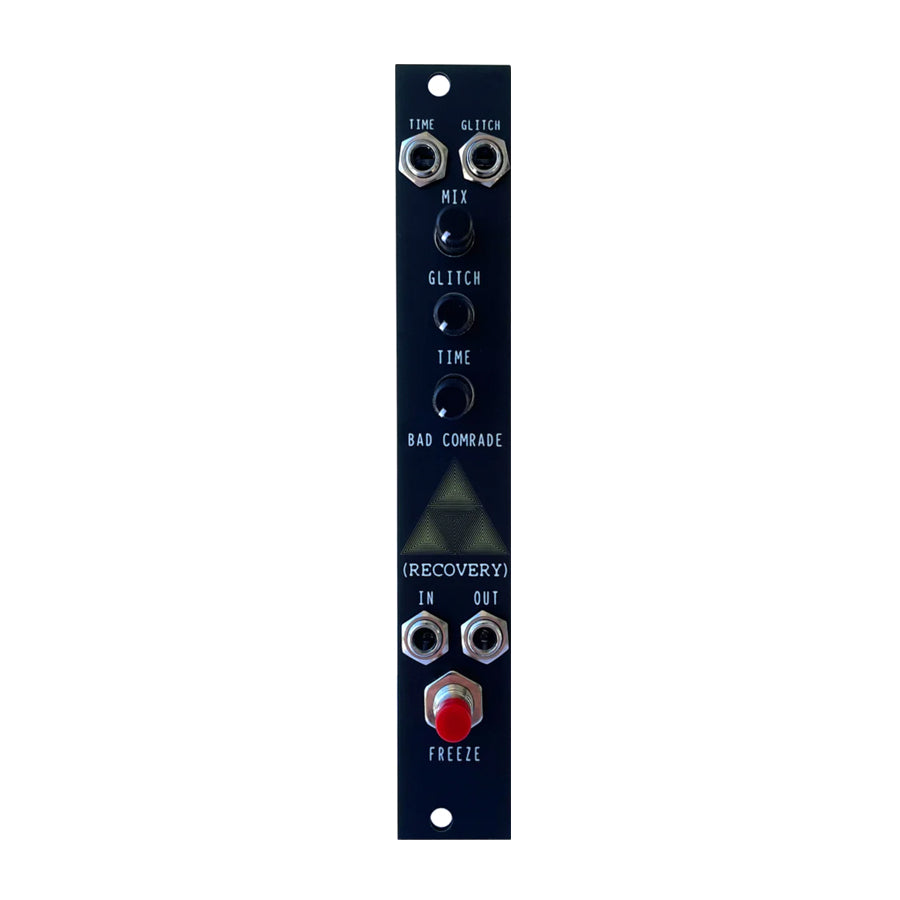 Black eurorack module with three knobs, two top jacks, two bottom jacks, and one red push button labeled Freeze.