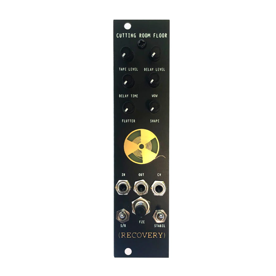 Black eurorack module with six knobs, one toggle switch, six 3.5mm jacks, and gold reel graphic.