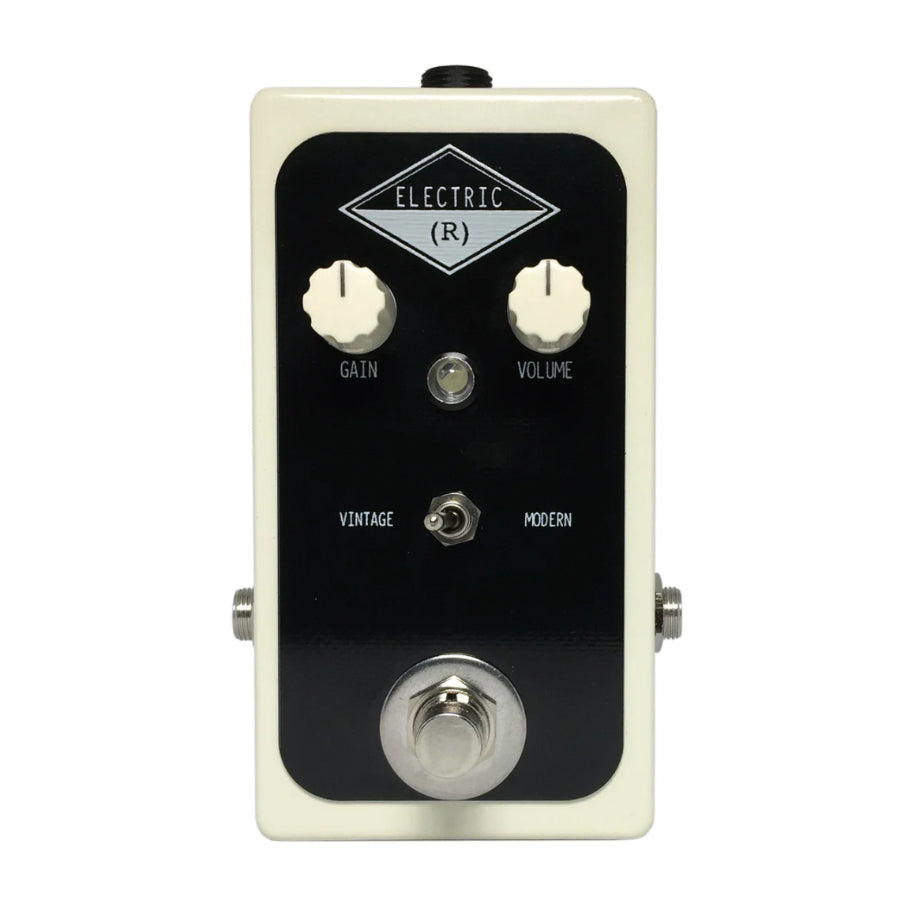 Rectangular guitar effects pedal with two control knobs, a toggle switch, and a footswitch on a white and black panel.
