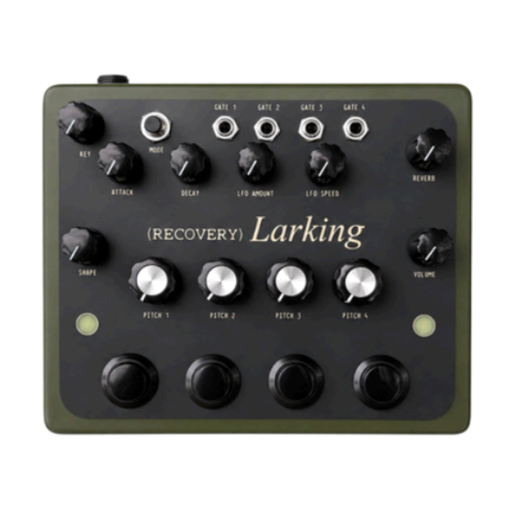 Black and olive green synthesizer with knobs, buttons, and 1/4 inch jacks labeled with various sound control parameters.