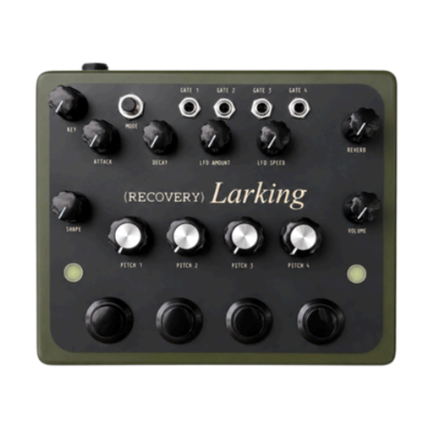 Black and olive green synthesizer with knobs, buttons, and 1/4 inch jacks labeled with various sound control parameters.
