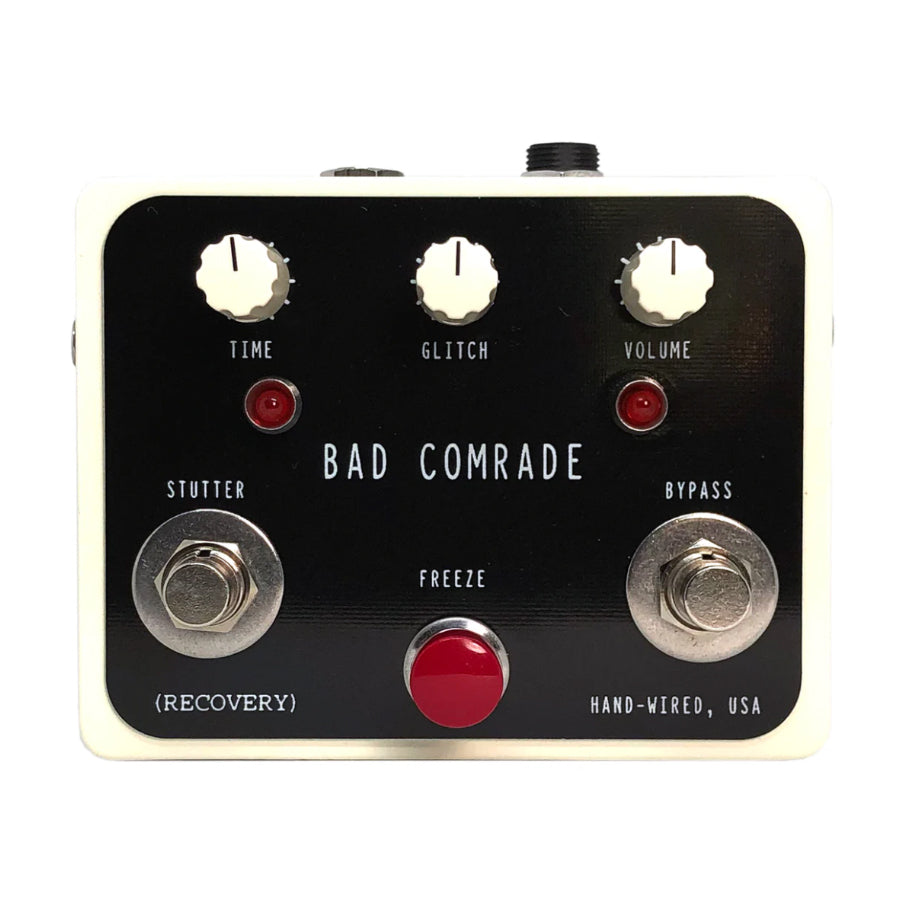 White and black audio effects pedal with three knobs, two footswitches, and two red LEDs.
