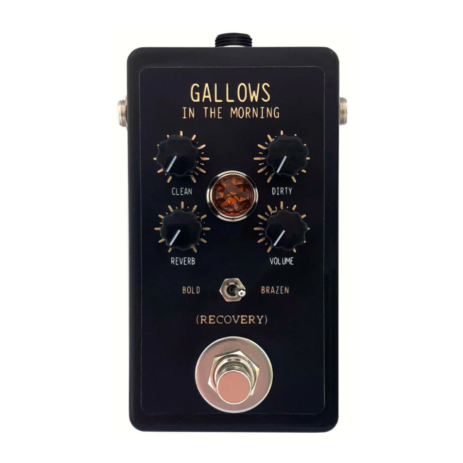 Black pedal with four knobs, one toggle switch, and a footswitch labeled Gallows In The Morning by Recovery.