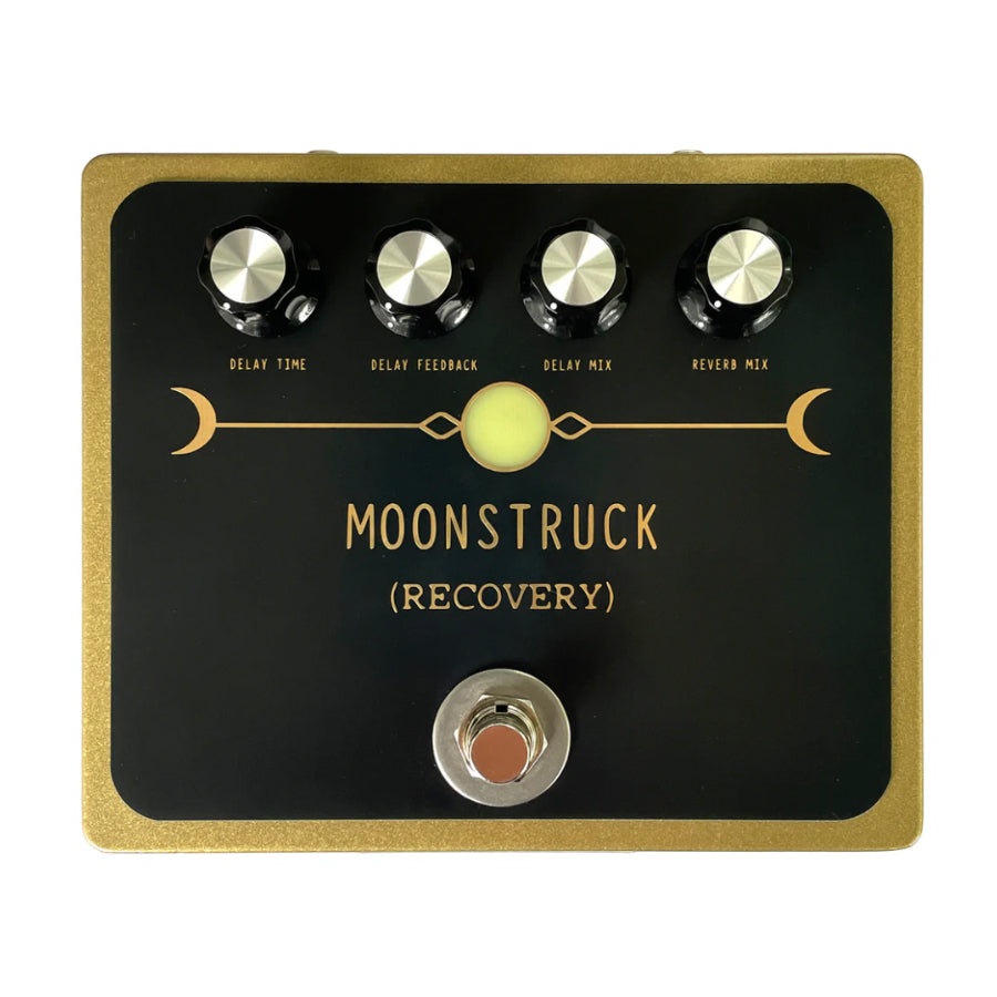 Black and gold guitar effects pedal named Moonstruck by Recovery with four knobs and one footswitch.