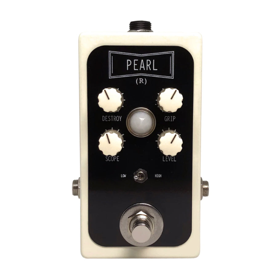 White guitar effects pedal with black faceplate labeled Pearl featuring four control knobs, a toggle switch, and a footswitch.