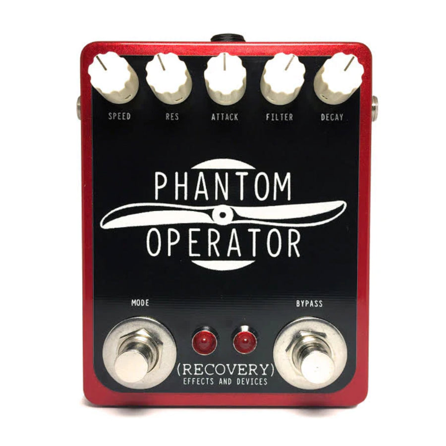 Red and black guitar effects pedal with five white knobs, two footswitches, and two red LEDs.