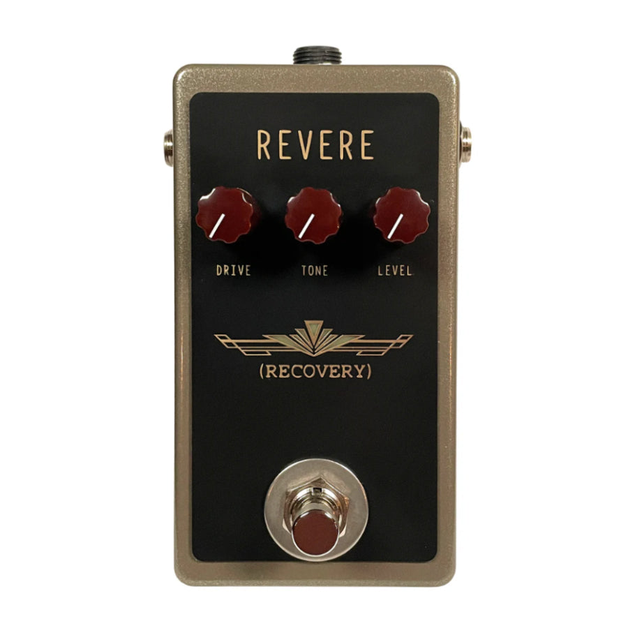 Rectangular guitar effects pedal with three red knobs labeled Drive, Tone, Level and a footswitch below.