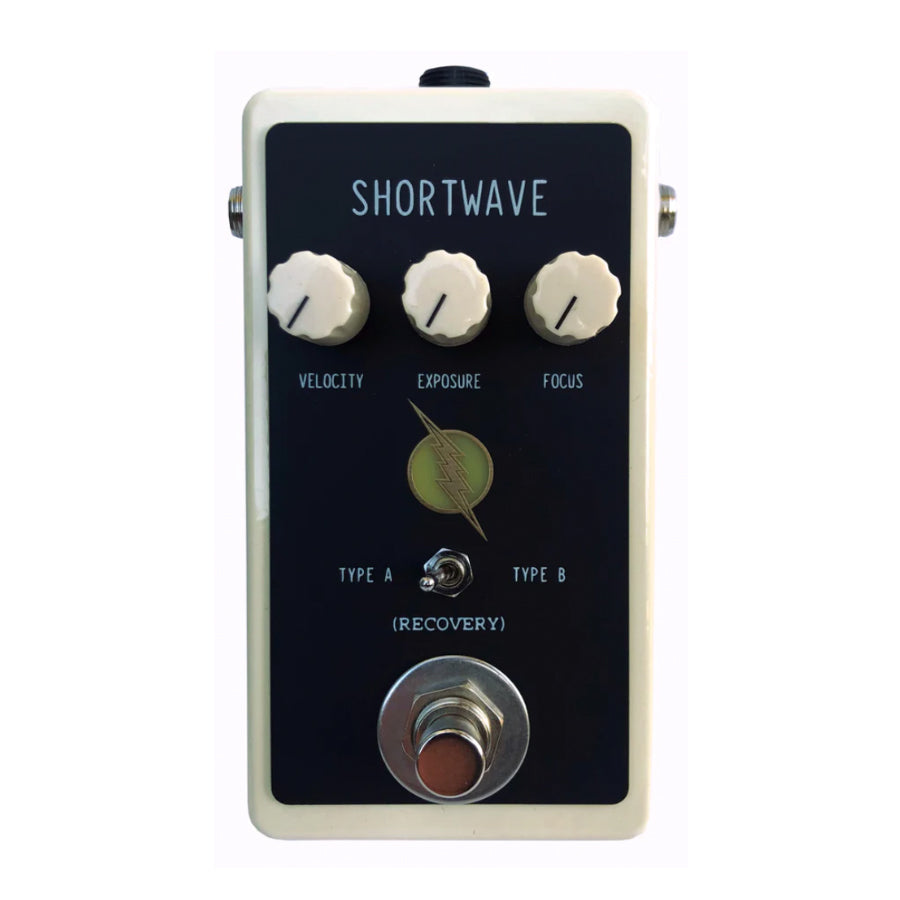 White guitar effects pedal with three knobs, a toggle switch, and a footswitch, labeled SHORTWAVE.