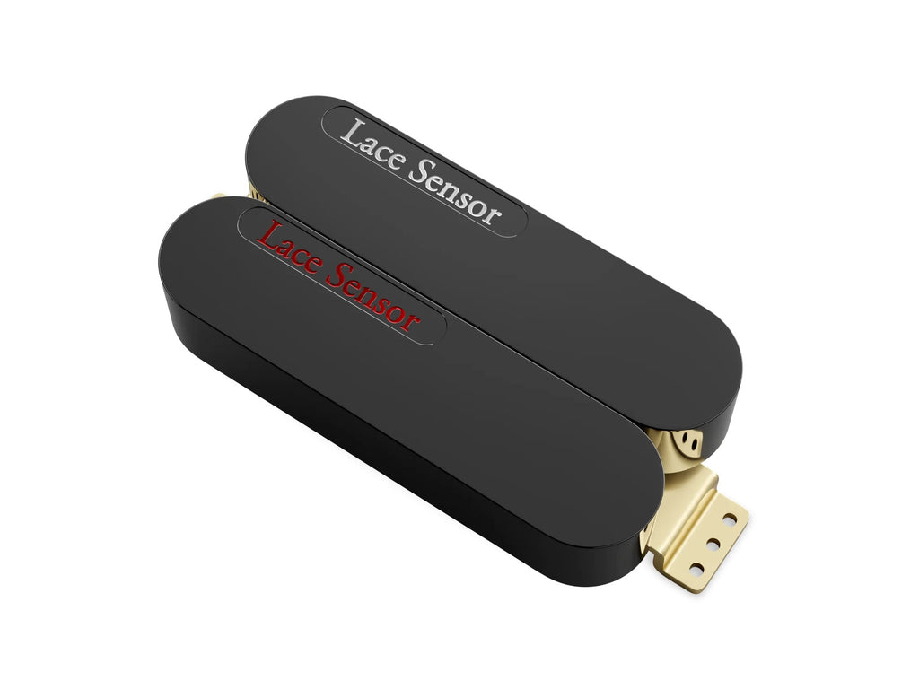 Black double humbucker guitar pickup with Lace Sensor logo in red and white on each side and gold mounting bracket.