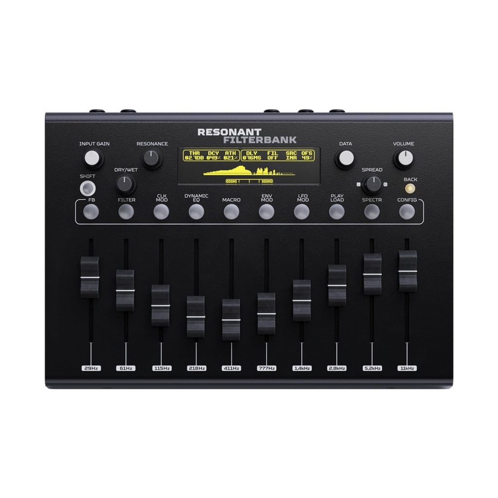 Black audio equipment panel with sliders and knobs labeled with frequencies and filter controls, featuring a digital display.