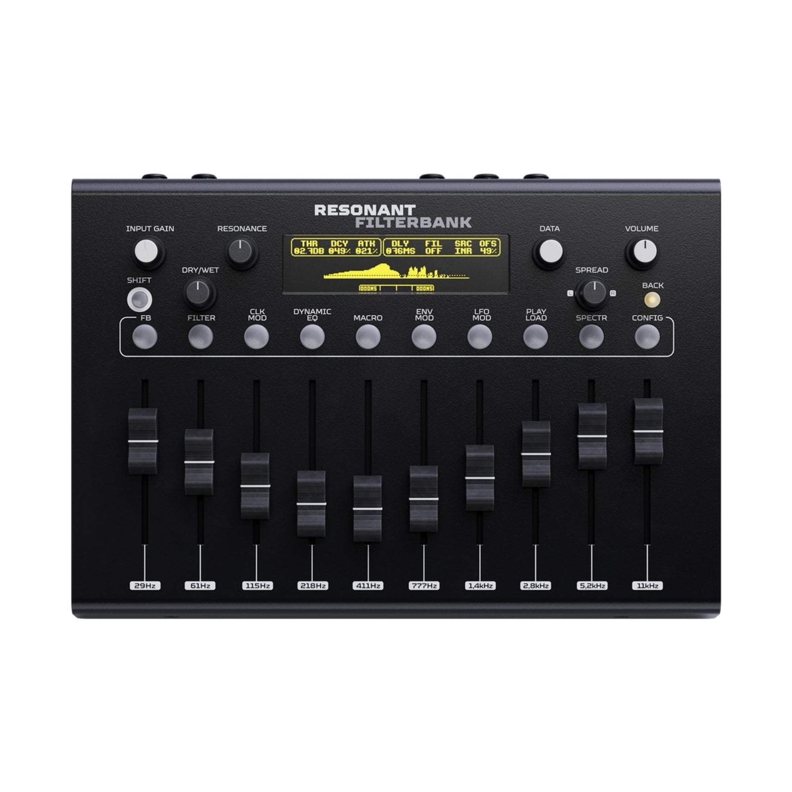 Black audio equipment panel with sliders and knobs labeled with frequencies and filter controls, featuring a digital display.