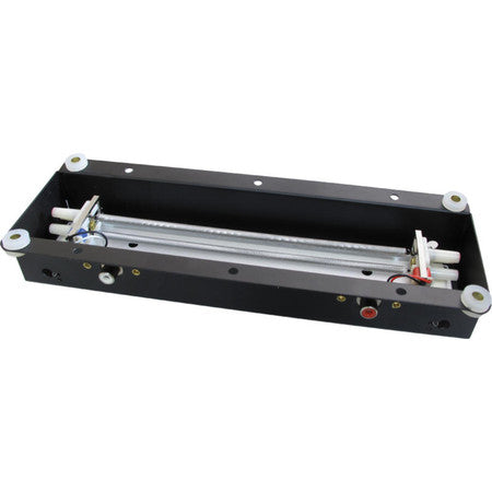 Rectangular black metal reverberation tank with wires and multiple connectors on the sides.