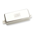 Silver rectangular guitar or bass pickup with embossed logo on top and mounting tabs on each side.