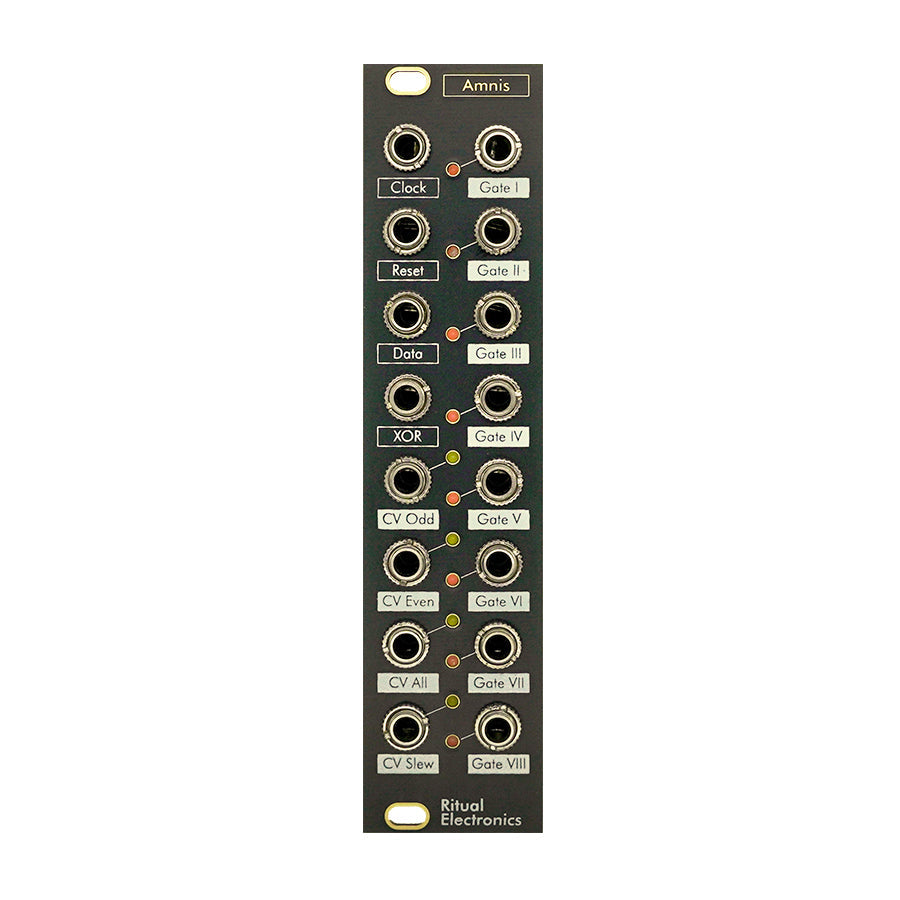 Black eurorack module with multiple labeled 3.5mm jacks arranged in two columns and Ritual Electronics branding.