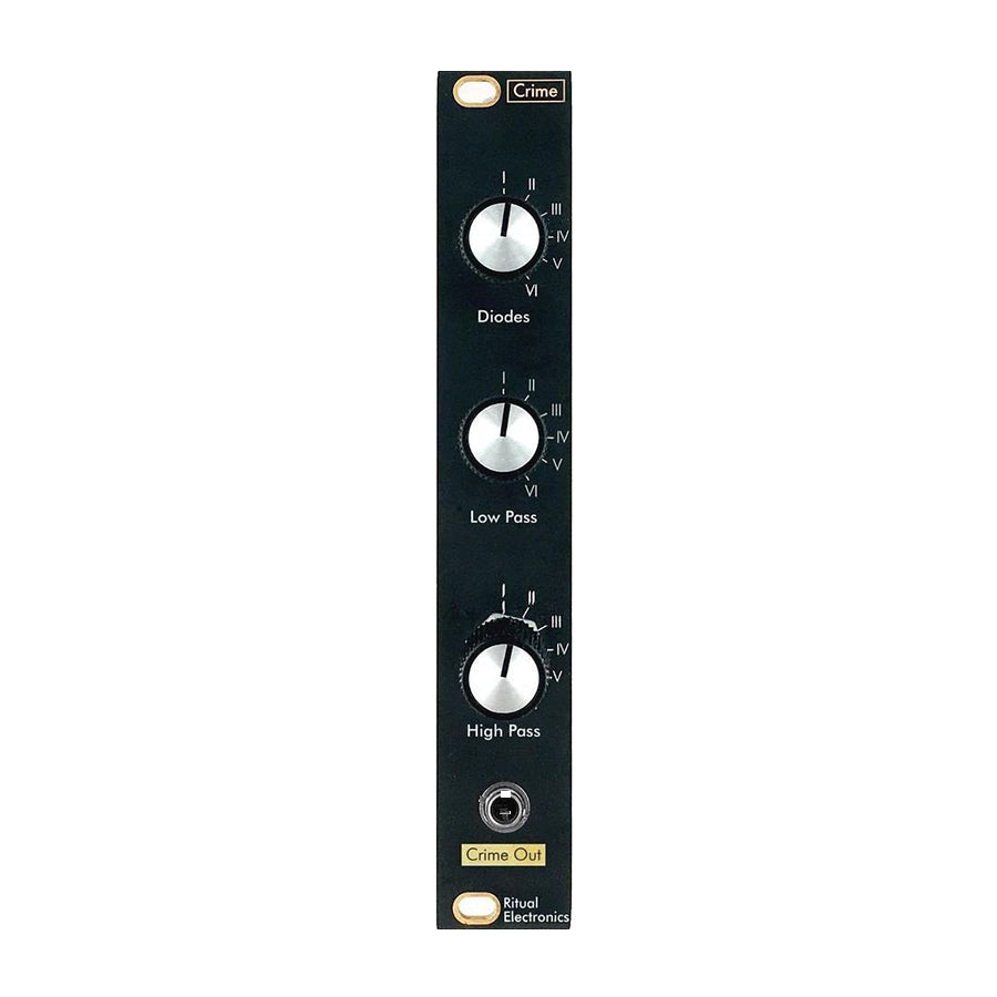 Black eurorack module with three labeled control knobs and one output jack, named Crime by Ritual Electronics.