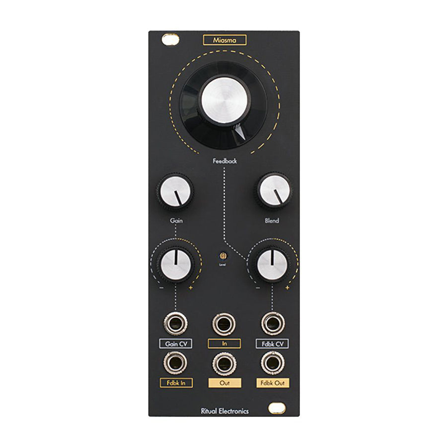 Black Eurorack module with multiple knobs and 3.5mm jacks labeled Miasma by Ritual Electronics.