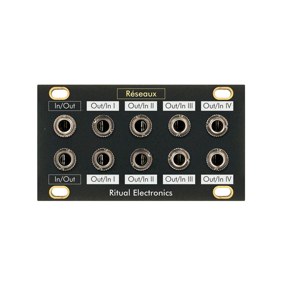 Black panel with ten 1/8 inch audio jacks labeled In/Out and Out/In I-IV from Ritual Electronics.