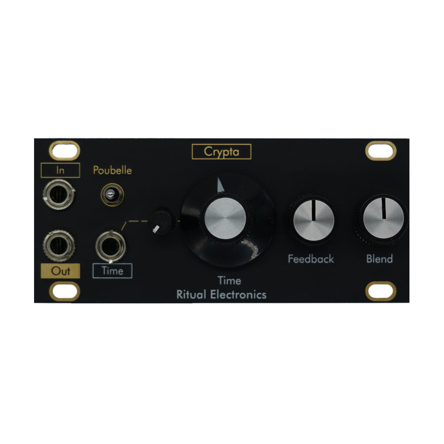 Black eurorack module with three rotary knobs, one toggle switch, and three 3.5mm jacks labeled In, Out, and Time.
