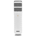 White handheld microphone with metal grille top and RØDE branding on the body against a white background.