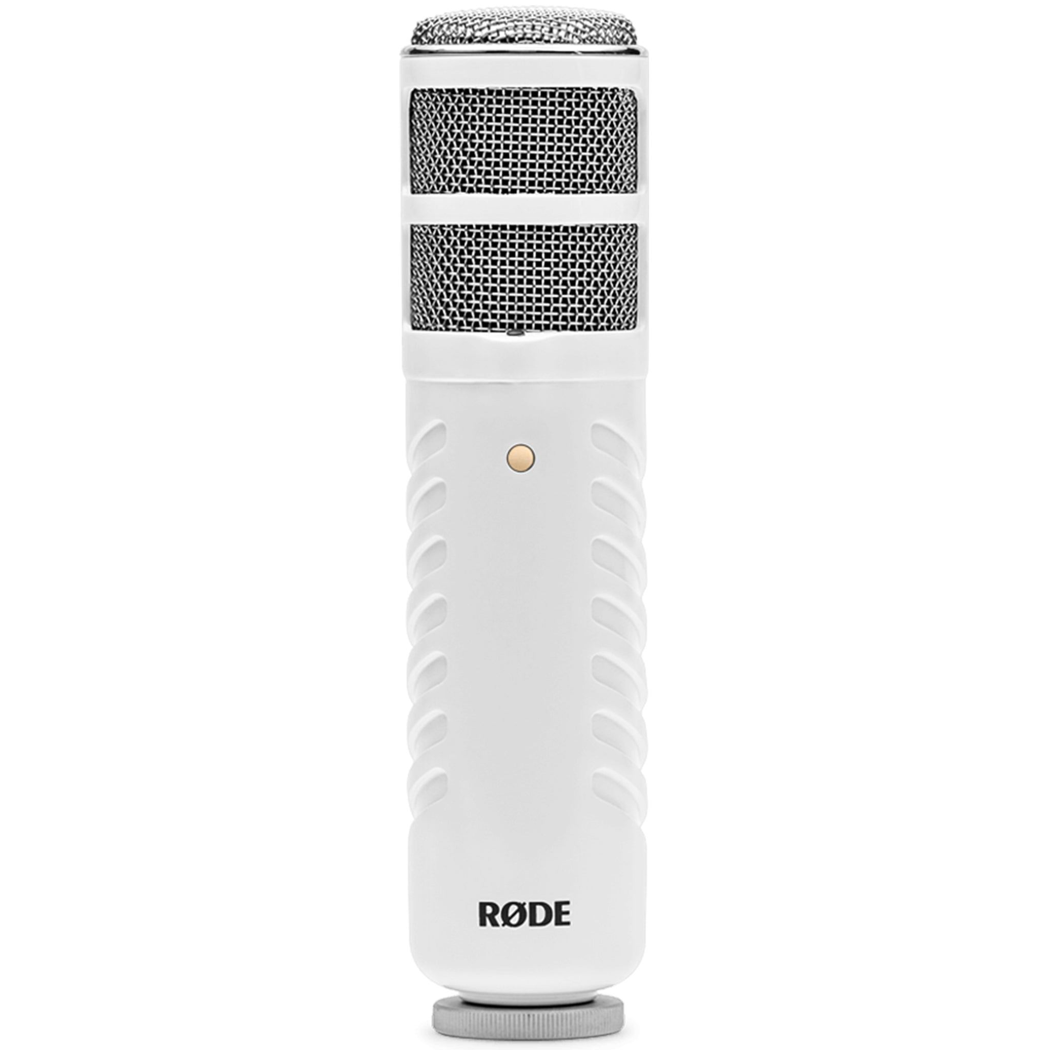 White handheld microphone with metal grille top and RØDE branding on the body against a white background.