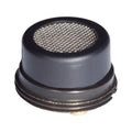Close-up of a small black and metallic microphone capsule with a mesh top.