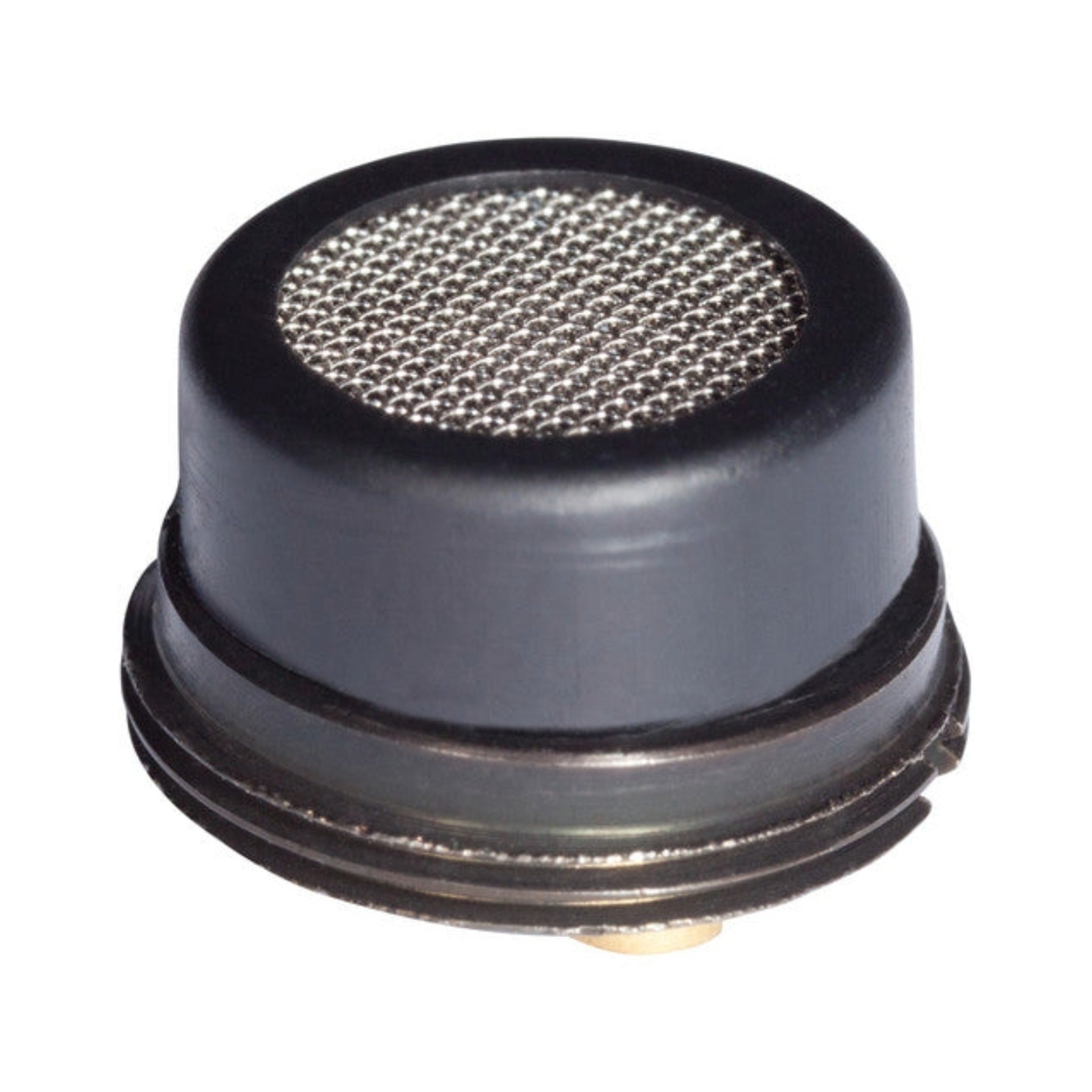Close-up of a small black and metallic microphone capsule with a mesh top.